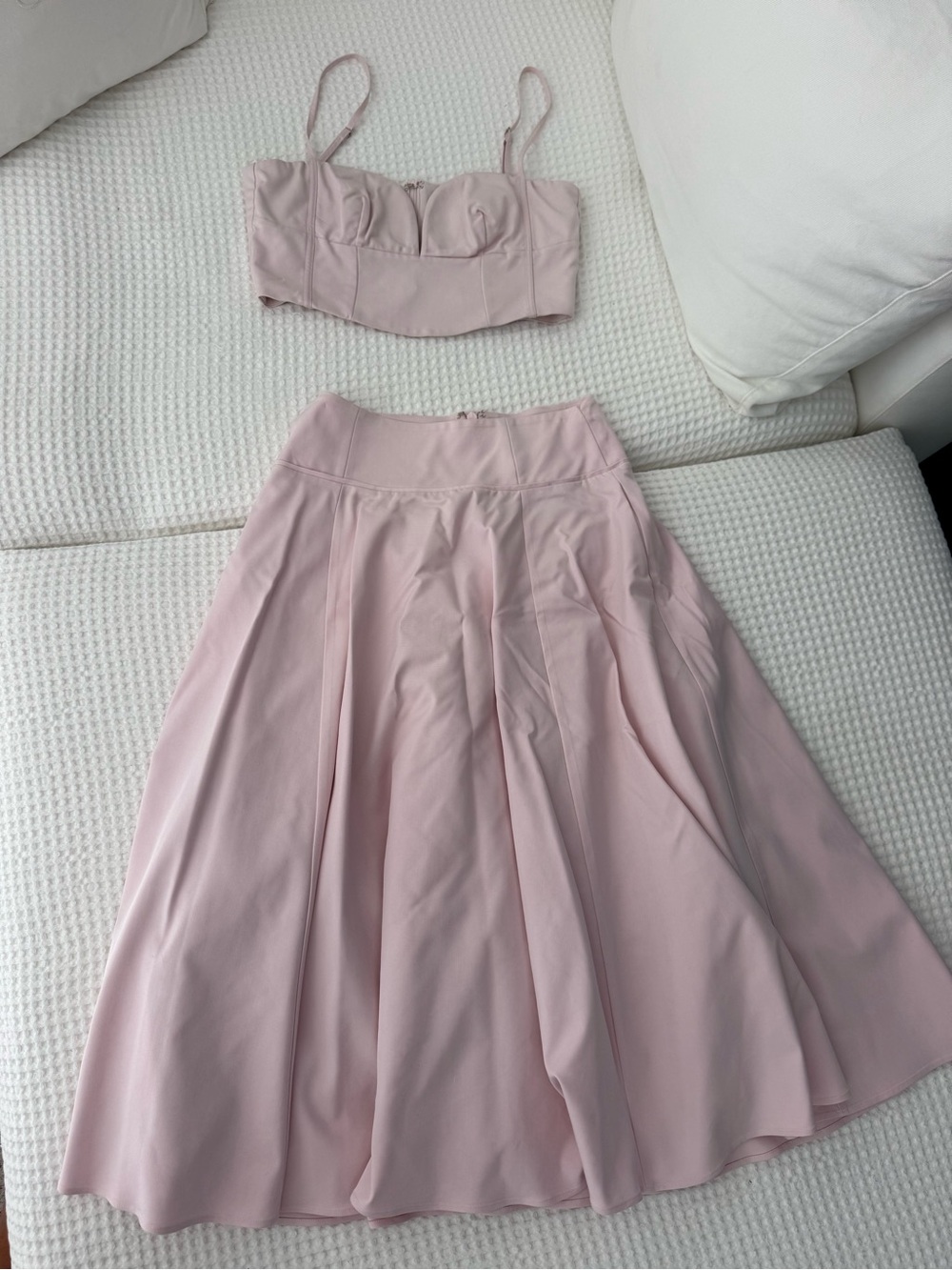 House of CB Blush Pink A-Line Midi Skirt and cropped top